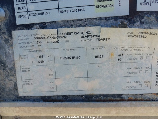12569822 :رقم المزاد ، 5NHUUS21XNW083932 vin ، 2021 Forest River Cargo Trailer مزاد بيع