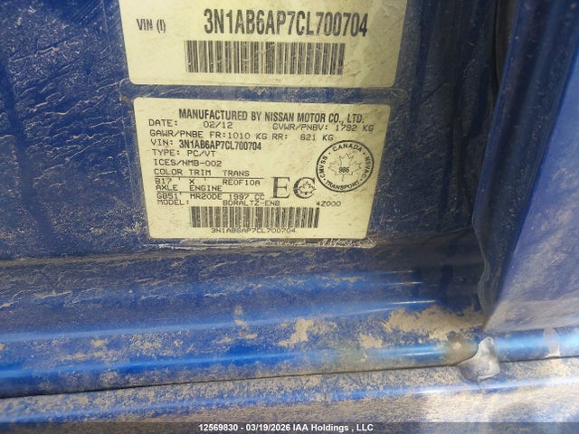 12569830 :رقم المزاد ، 3N1AB6AP7CL700704 vin ، 2012 Nissan Sentra 2.0/2.0s/sr/2.0sl مزاد بيع