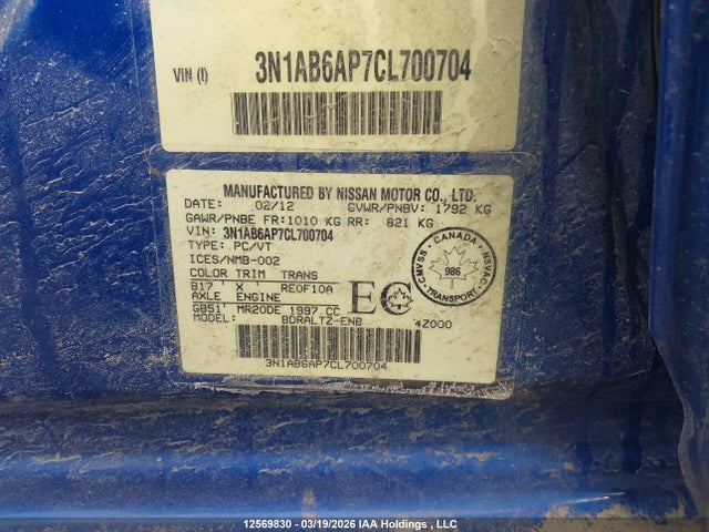 12569830 :رقم المزاد ، 3N1AB6AP7CL700704 vin ، 2012 Nissan Sentra 2.0/2.0s/sr/2.0sl مزاد بيع