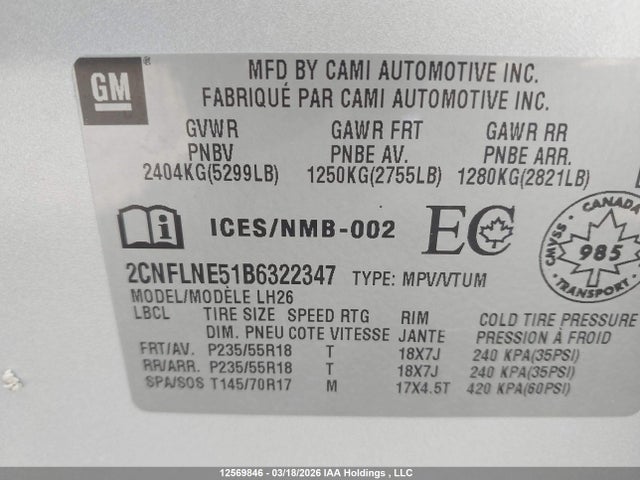 Aukcja sprzedaży 2011 Chevrolet Equinox Lt, vin: 2CNFLNE51B6322347, numer aukcji: 12569846