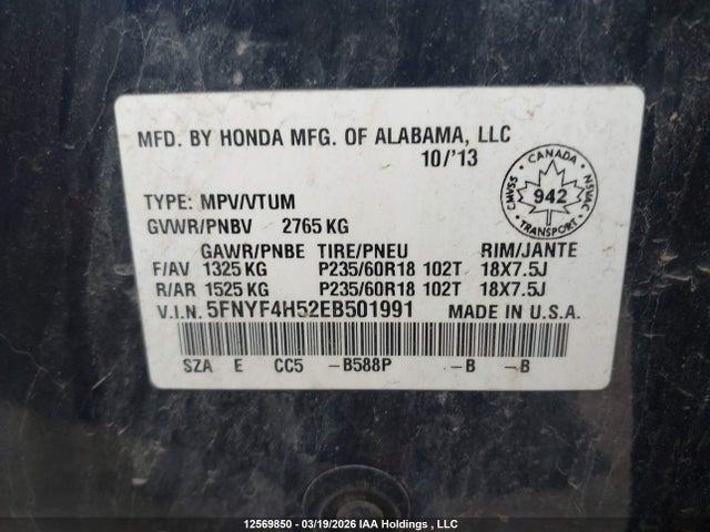 Aukcja sprzedaży 2014 Honda Pilot Exl, vin: 5FNYF4H52EB501991, numer aukcji: 12569850