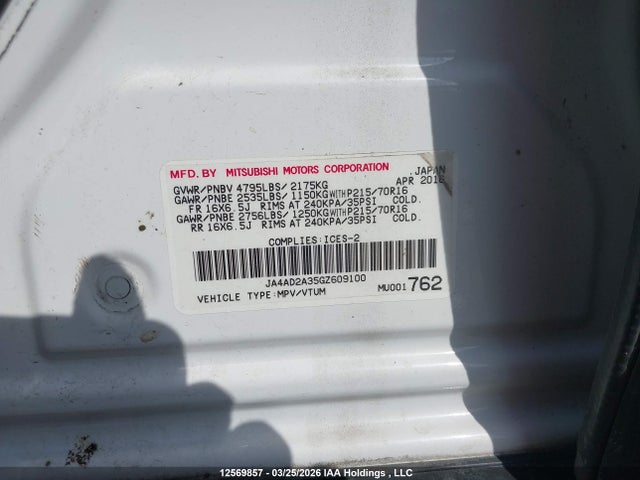 Aukcja sprzedaży 2016 Mitsubishi Outlander, vin: JA4AD2A35GZ609100, numer aukcji: 12569857