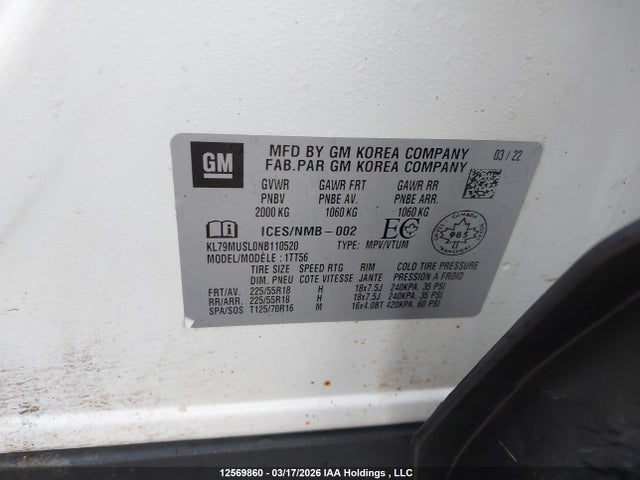 2022 Chevrolet Trailblazer Rs მანქანა იყიდება აუქციონზე, vin: KL79MUSL0NB110520, აუქციონის ნომერი: 12569860