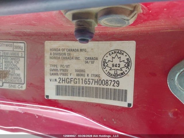 12569862 :رقم المزاد ، 2HGFG11657H008729 vin ، 2007 Honda Civic Lx مزاد بيع