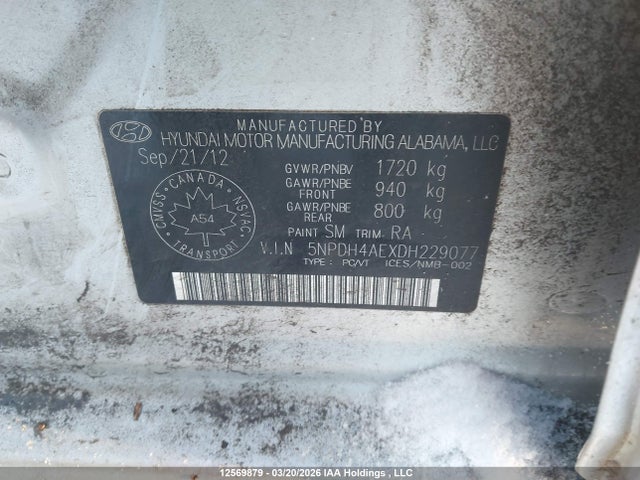 2013 Hyundai Elantra Gls/limited მანქანა იყიდება აუქციონზე, vin: 5NPDH4AEXDH229077, აუქციონის ნომერი: 12569879