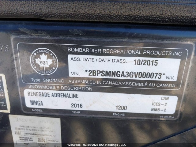 2BPSMNGA3GV000073 Skidoo Renegade Adrenaline