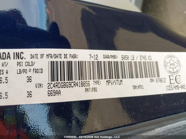 Aukcja sprzedaży 2012 Dodge Grand Caravan Se, vin: 2C4RDGBG9CR418856, numer aukcji: 12569890