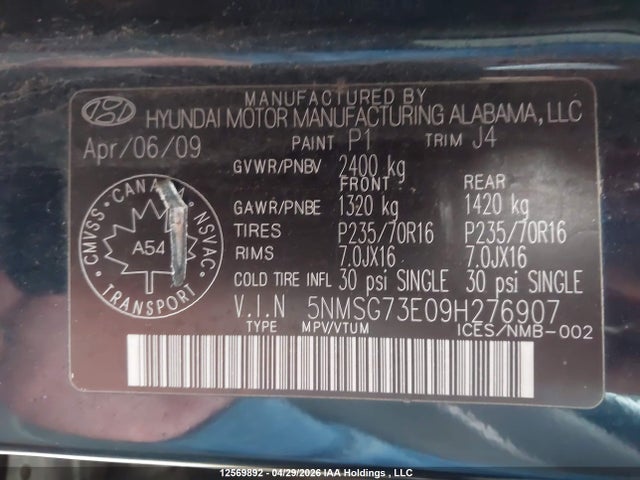 Продаж на аукціоні авто 2009 Hyundai Santa Fe Gl/gls, vin: 5NMSG73E09H276907, номер лоту: 12569892