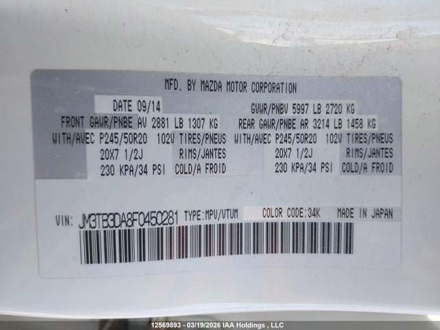 Aukcja sprzedaży 2015 Mazda Cx-9 Gt, vin: JM3TB3DA8F0450281, numer aukcji: 12569893