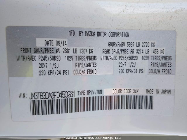 Aukcja sprzedaży 2015 Mazda Cx-9 Gt, vin: JM3TB3DA8F0450281, numer aukcji: 12569893