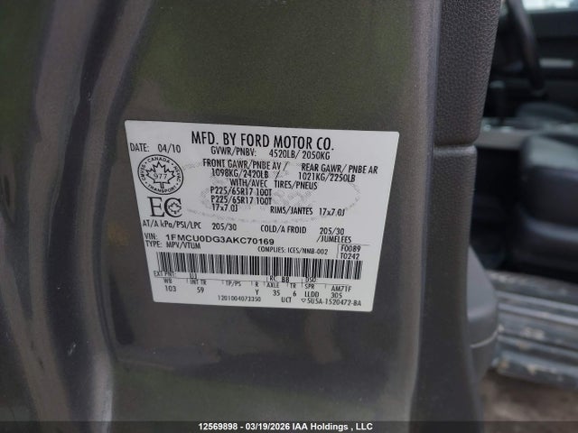 2010 Ford Escape Xlt მანქანა იყიდება აუქციონზე, vin: 1FMCU0DG3AKC70169, აუქციონის ნომერი: 12569898