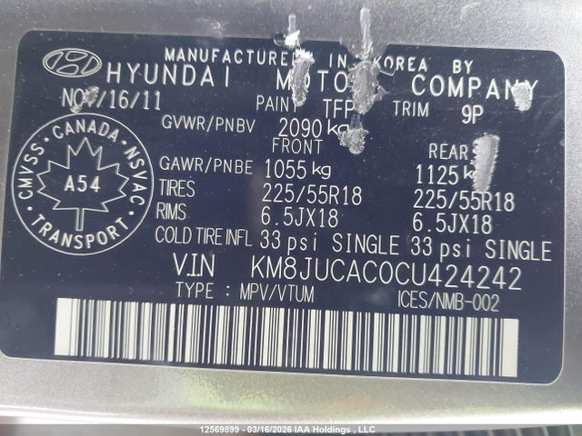 Продажа на аукционе авто 2012 Hyundai Tucson Limited, vin: KM8JUCAC0CU424242, номер лота: 12569899