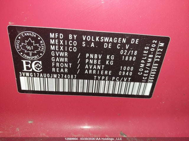 3VWG17AU0JM274087 Volkswagen GOLF S/SE