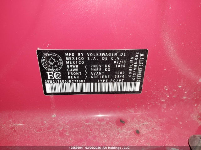 3VWG17AU0JM274087 Volkswagen GOLF S/SE
