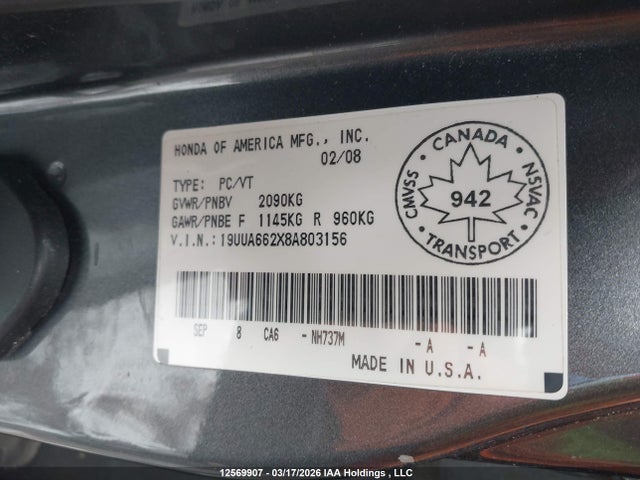 Aukcja sprzedaży 2008 Acura Tl, vin: 19UUA662X8A803156, numer aukcji: 12569907