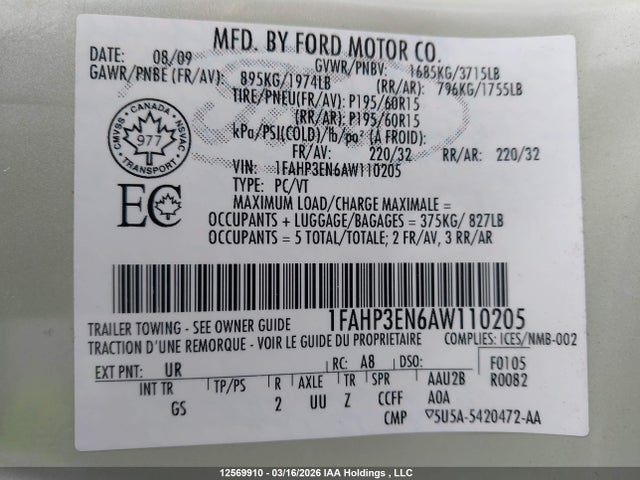 12569910 :رقم المزاد ، 1FAHP3EN6AW110205 vin ، 2010 Ford Focus S مزاد بيع