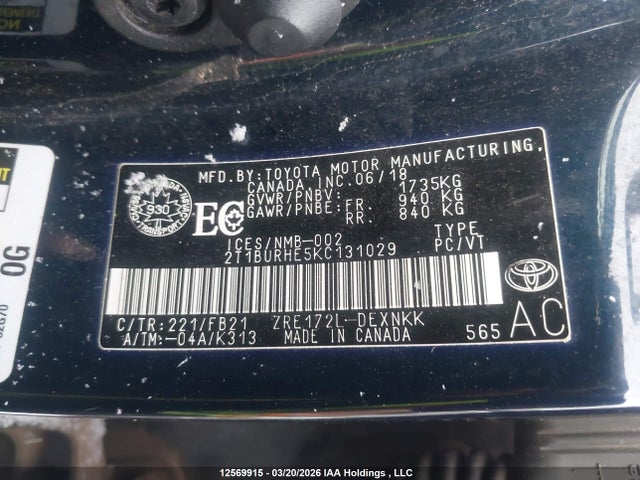 2019 Toyota Corolla L/le/xle/se/xse მანქანა იყიდება აუქციონზე, vin: 2T1BURHE5KC131029, აუქციონის ნომერი: 12569915