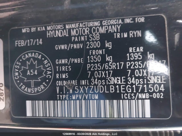 5XYZUDLB1EG171504 Hyundai SANTA FE SPORT