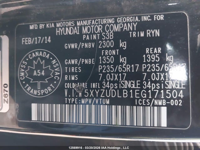 5XYZUDLB1EG171504 Hyundai SANTA FE SPORT