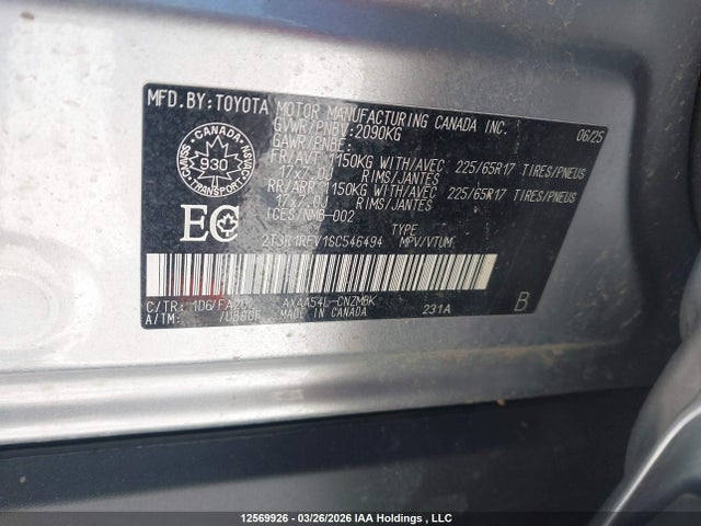 12569926 :رقم المزاد ، 2T3R1RFV1SC546494 vin ، 2025 Toyota Rav4 Xle مزاد بيع