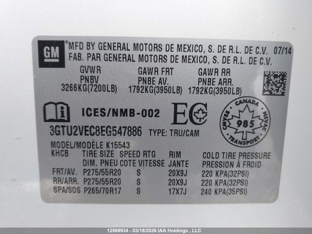 3GTU2VEC8EG547886 GMC Sierra 1500 Slt