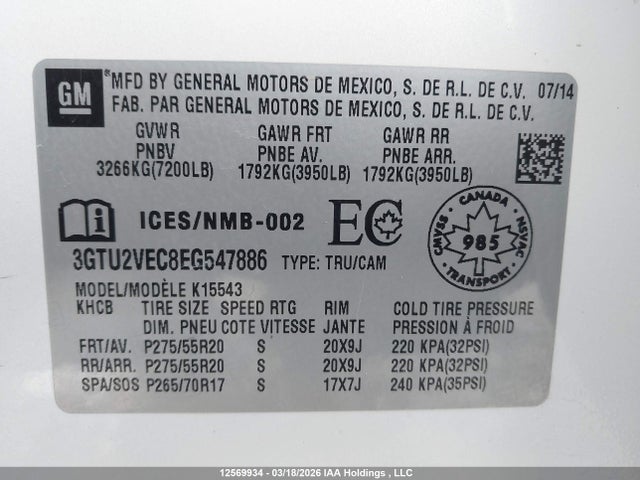 3GTU2VEC8EG547886 GMC Sierra 1500 Slt