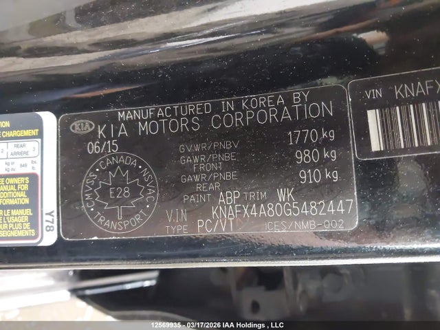 12569935 :رقم المزاد ، KNAFX4A80G5482447 vin ، 2016 Kia Forte Ex مزاد بيع