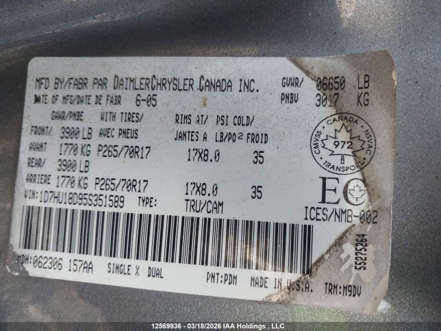 Продаж на аукціоні авто 2005 Dodge Ram 1500, vin: 1D7HU18D95S351589, номер лоту: 12569936