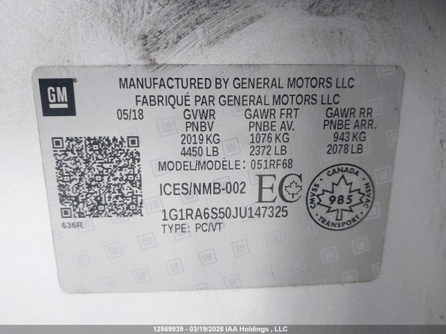 1G1RA6S50JU147325 Chevrolet VOLT LT