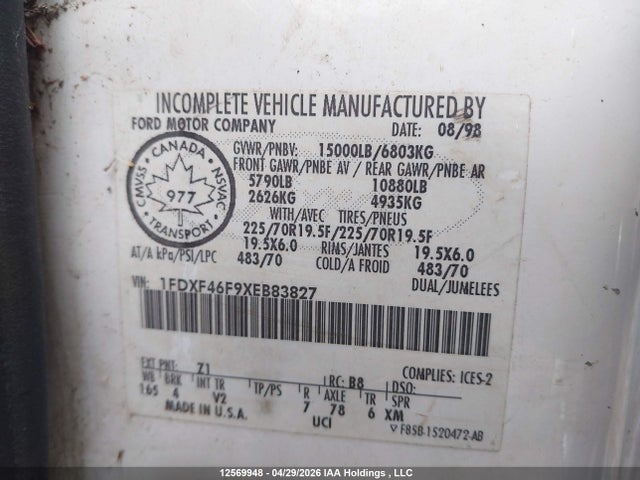 12569948 :رقم المزاد ، 1FDXF46F9XEB83827 vin ، 1999 Ford F-450 Chassis Lariat/xl/xlt مزاد بيع