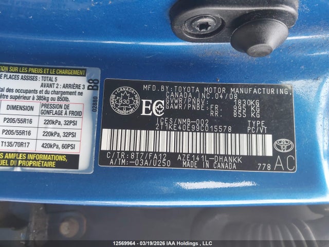 12569964 :رقم المزاد ، 2T1KE40E99C015578 vin ، 2009 Toyota Matrix Xr مزاد بيع