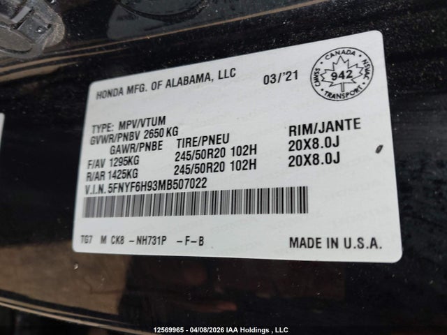 2021 Honda Pilot Touring მანქანა იყიდება აუქციონზე, vin: 5FNYF6H93MB507022, აუქციონის ნომერი: 12569965