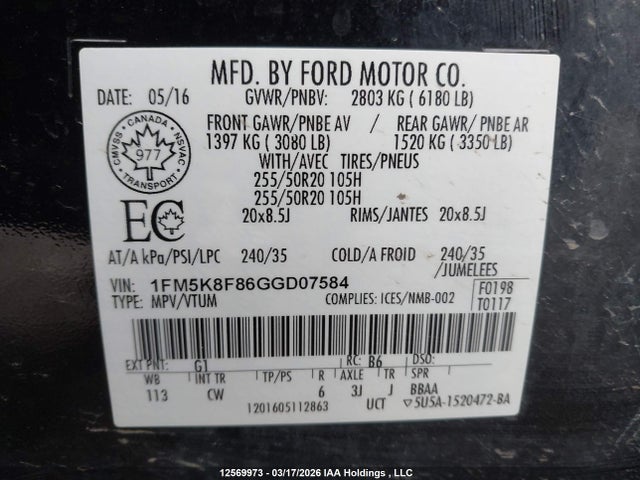 Aukcja sprzedaży 2016 Ford Explorer Limited, vin: 1FM5K8F86GGD07584, numer aukcji: 12569973