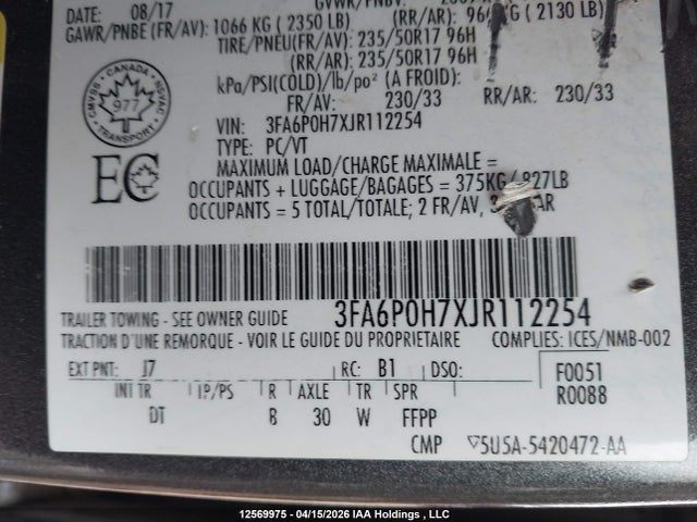 Aukcja sprzedaży 2018 Ford Fusion Se, vin: 3FA6P0H7XJR112254, numer aukcji: 12569975