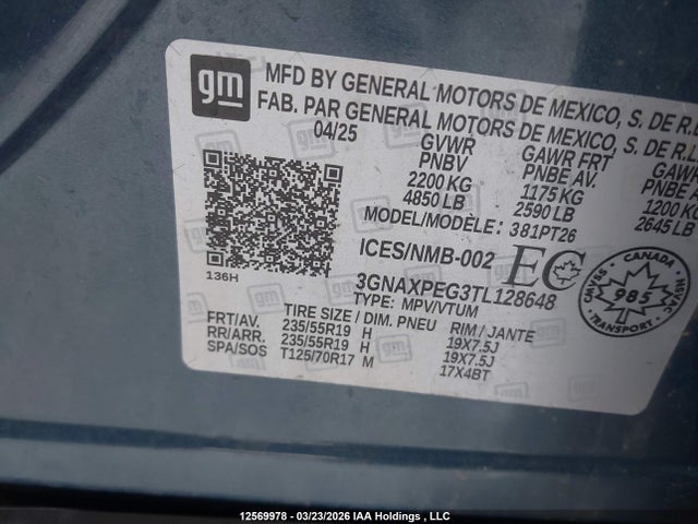 Продаж на аукціоні авто 2026 Chevrolet Equinox Lt, vin: 3GNAXPEG3TL128648, номер лоту: 12569978