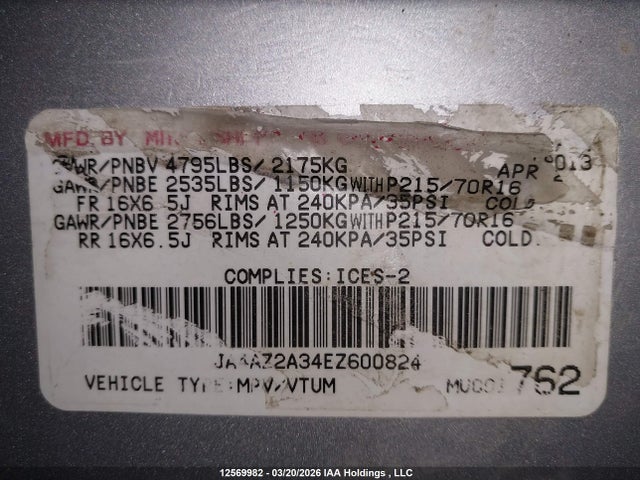 12569982 :رقم المزاد ، JA4AZ2A34EZ600824 vin ، 2014 Mitsubishi Outlander مزاد بيع