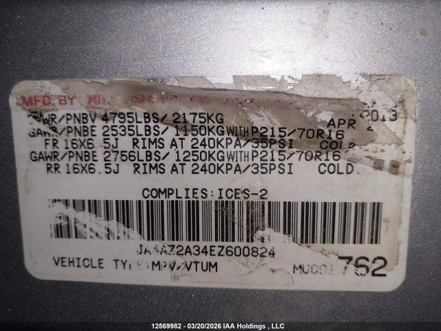 12569982 :رقم المزاد ، JA4AZ2A34EZ600824 vin ، 2014 Mitsubishi Outlander مزاد بيع