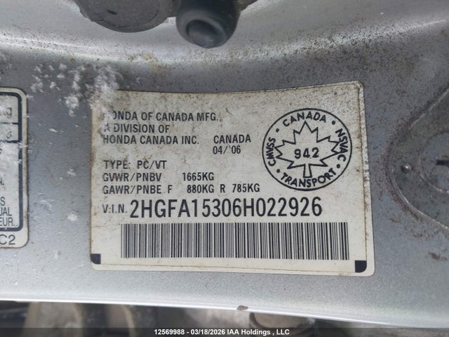 Aukcja sprzedaży 2006 Honda Civic Dx-g, vin: 2HGFA15306H022926, numer aukcji: 12569988