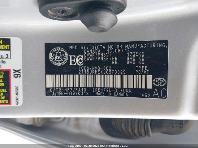 12570000 :رقم المزاد ، 2T1BURHEXJC973329 vin ، 2018 Toyota Corolla L/le/xle/se/xse مزاد بيع