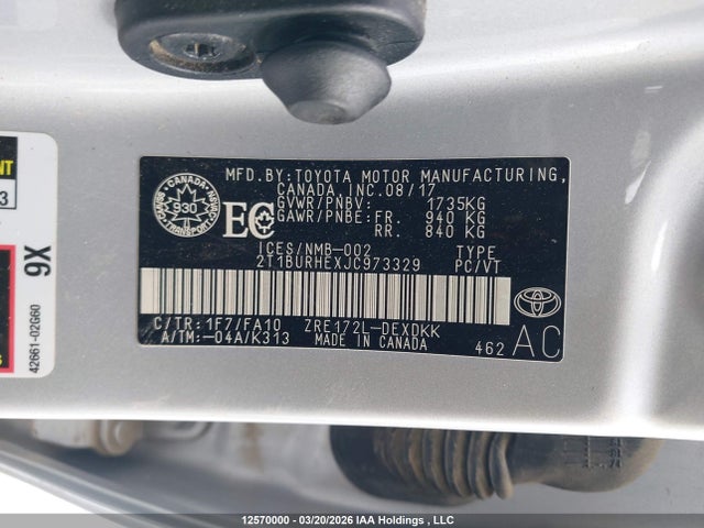 12570000 :رقم المزاد ، 2T1BURHEXJC973329 vin ، 2018 Toyota Corolla L/le/xle/se/xse مزاد بيع