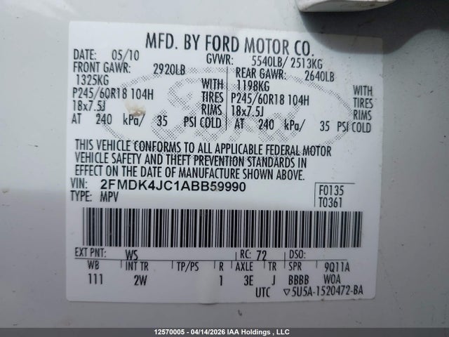 12570005 :رقم المزاد ، 2FMDK4JC1ABB59990 vin ، 2010 Ford Edge Sel مزاد بيع