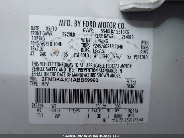 12570005 :رقم المزاد ، 2FMDK4JC1ABB59990 vin ، 2010 Ford Edge Sel مزاد بيع