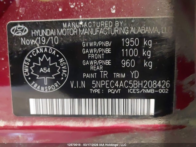 Продажа на аукционе авто 2011 Hyundai Sonata Limited, vin: 5NPEC4AC5BH208426, номер лота: 12570018
