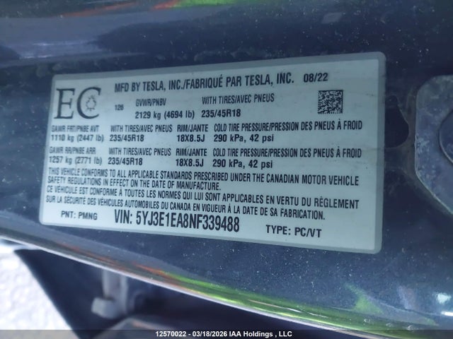 5YJ3E1EA8NF339488 Tesla Model 3 Rwd/standard Range