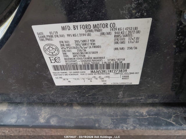 Aukcja sprzedaży 2019 Ford Ecosport Titanium, vin: MAJ6S3KL1KC273839, numer aukcji: 12570027