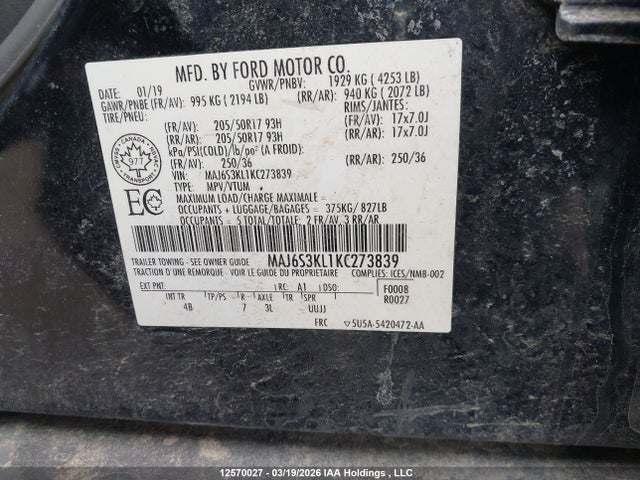 Aukcja sprzedaży 2019 Ford Ecosport Titanium, vin: MAJ6S3KL1KC273839, numer aukcji: 12570027