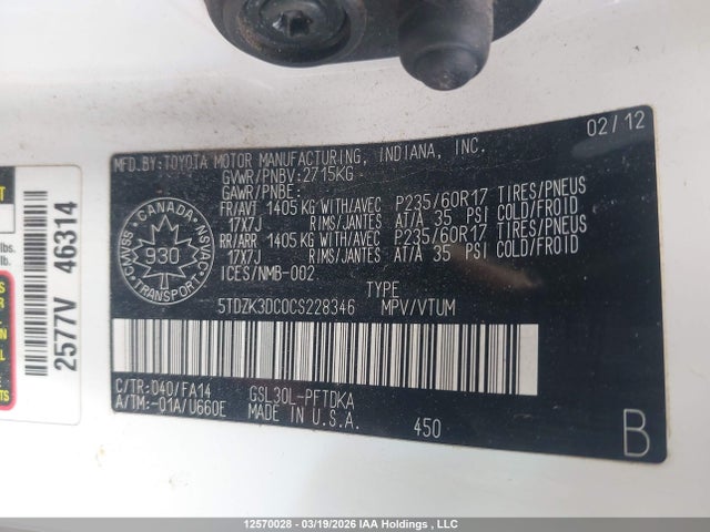 2012 Toyota Sienna V6 7 Passenger მანქანა იყიდება აუქციონზე, vin: 5TDZK3DC0CS228346, აუქციონის ნომერი: 12570028