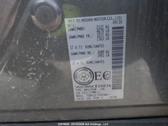 5N1AT2MV0GC834836 Nissan Rogue S/sl/sv