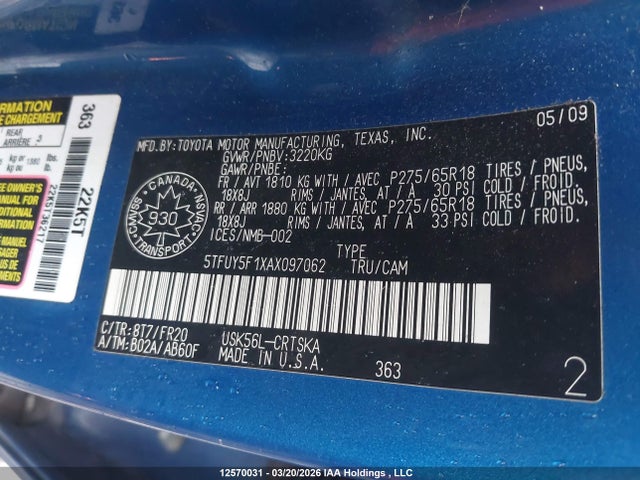 Aukcja sprzedaży 2010 Toyota Tundra, vin: 5TFUY5F1XAX097062, numer aukcji: 12570031