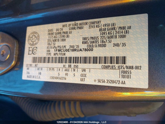 12522400 :رقم المزاد ، 1FMCU0E18RUA78000 vin ، 2024 Ford Escape Phev مزاد بيع